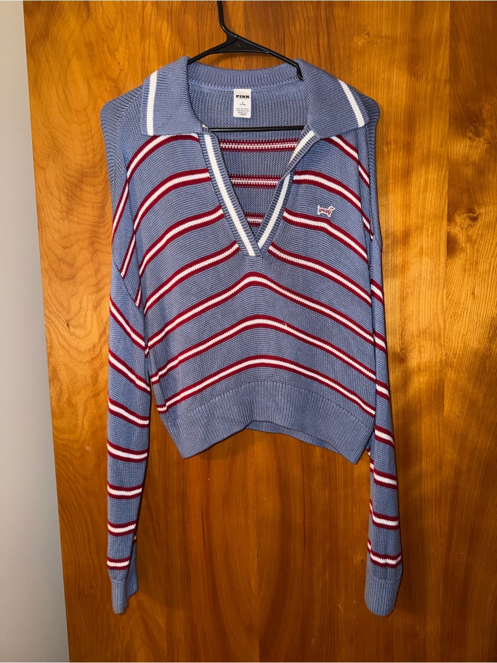 PINK Victoria's Secret Blue V-Neck Sweater with Red and White Stripes